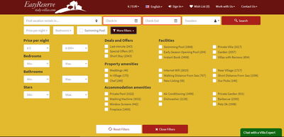 Villas en Italie, filtres de recherche