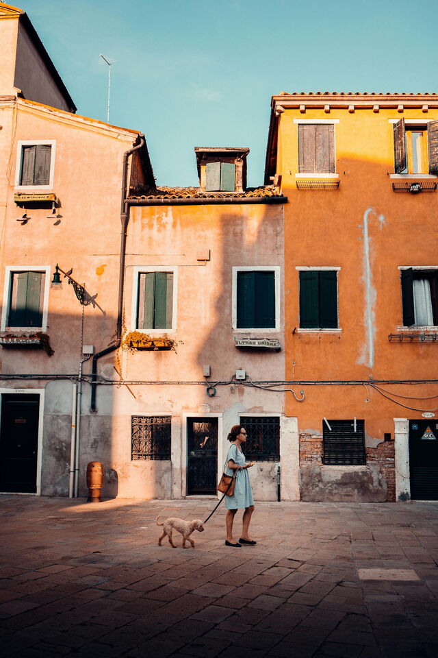 Propriétaire et chien à Venise