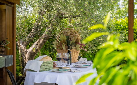 Villa Melinda: Table, Plante, Vaisselle, Meubles, Chaise, Nappe De Table, Mobilier De Jardin, Jaune, Verre De Vin, Arbre