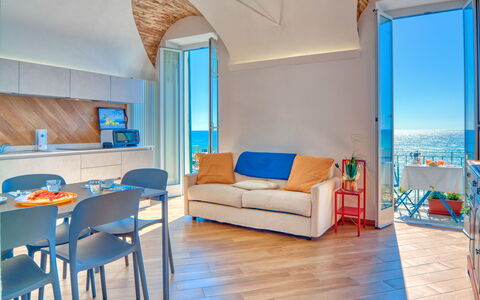 Il Balcone Sul Prino - Imperia: Pièce, Meubles, Bleu, Propriété, Design Intérieur, Bâtiment, Sol, Bleu Azur, Salon, Turquoise