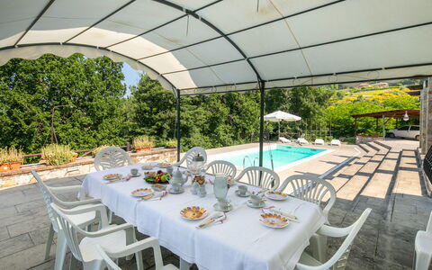 Grezzano Villa: Table, Meubles, Vaisselle, Propriété, Chaise, Plante, Vaisselle, Nappe De Table, Mobilier De Jardin, Tableau De Plein Air