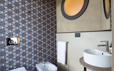 Relais Casa Clara - Roero - Langhe, Piemonte: Miroir, Luminaire Plomberie, Propriété, Robinet, Lavabo, Évier, Salle De Bains, Bâtiment, Violet, Siège De Toilette