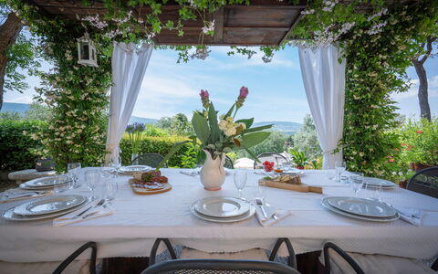 Villa Recanati, Val D'orcia, Private Pool, Jacuzzi: Table, Vaisselle, Plante, Meubles, Chaise, Vaisselle, Nappe De Table, Ciel, Design Intérieur, Décoration