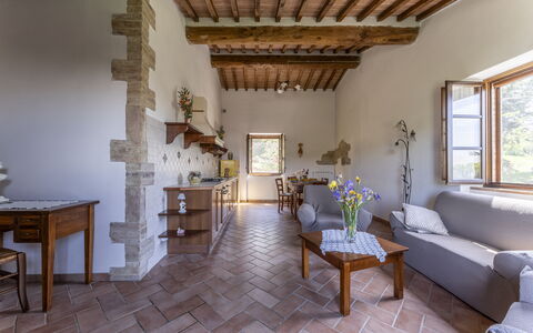 Podere Marcigliana - Radicondoli: Table, Meubles, Fenêtre, Cadre, Bâtiment, Plante, Plante D'Appartement, Canapé, Bois, Design Intérieur