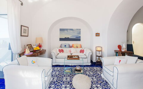 Casa Giardino: Bleu, Meubles, Chaise, Canapé, Salon, Plante D'Appartement, Pot De Fleur, Table Basse, Tapis