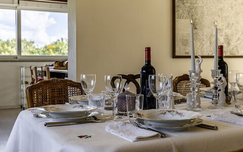 Villa Sparta 8+2: Meubles, Vaisselle, Verres À Pied, Design Intérieur, Table, Drinkware, Nappe De Table, Textile, Salle À Manger, Chaise