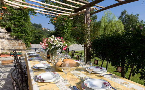 Villa Arbeio 8+6: Meubles, Table, Chaise, Mobilier De Jardin, Tableau De Plein Air, Restaurant, Table Cuisine Et Salle A Manger, Ombre, Jardin, Nappe De Table